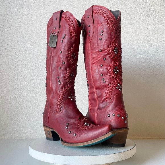 Lane Boots Shoes - NEW Lane COSSETTE Womens Red Western Boots Sz 9 Cowboy Snip Toe Studded 15"